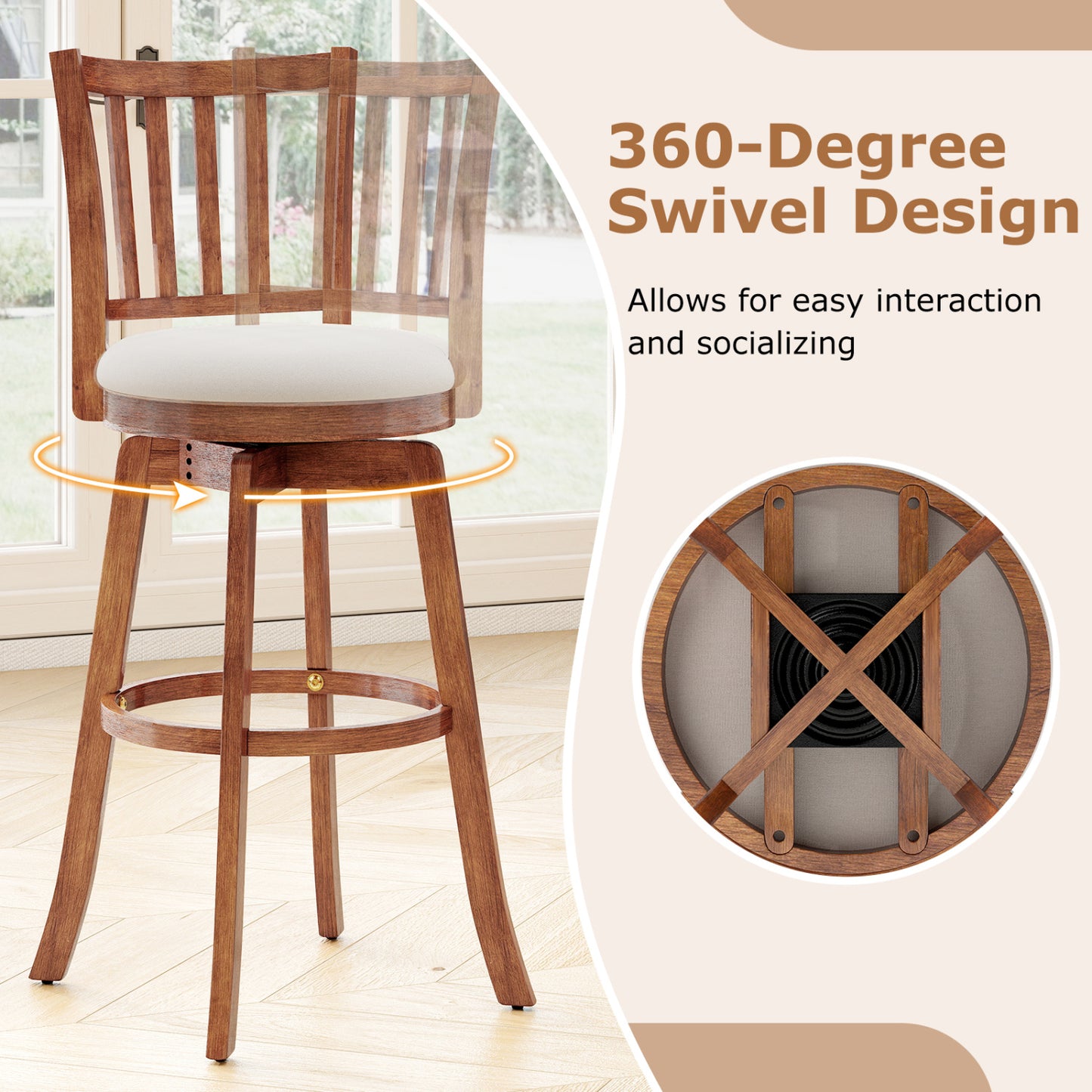 360¬∞ Rotating Counter Height Chairs Set of 2 with Upholstered Seat and Backrest-29 inches
