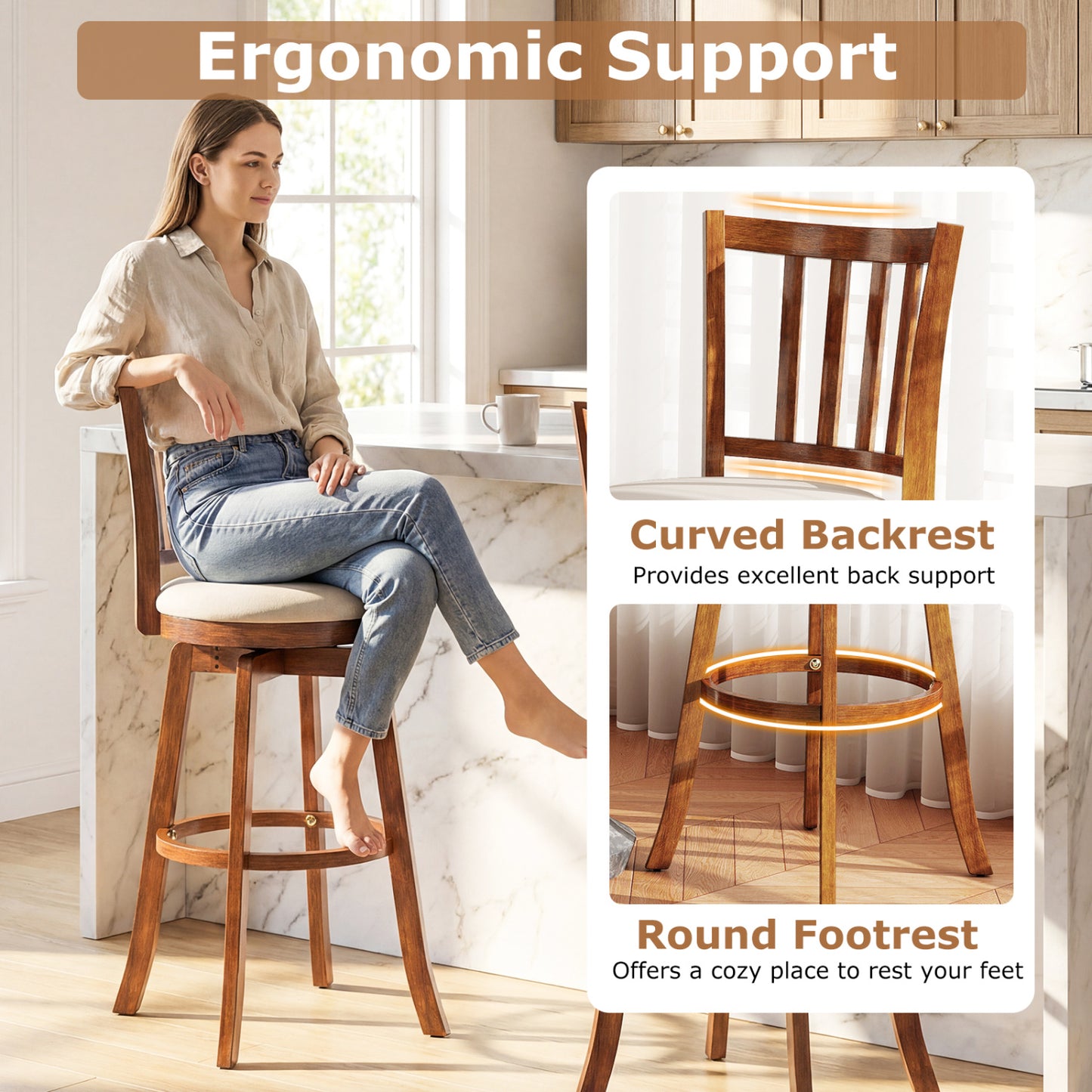 360¬∞ Rotating Counter Height Chairs Set of 2 with Upholstered Seat and Backrest-29 inches
