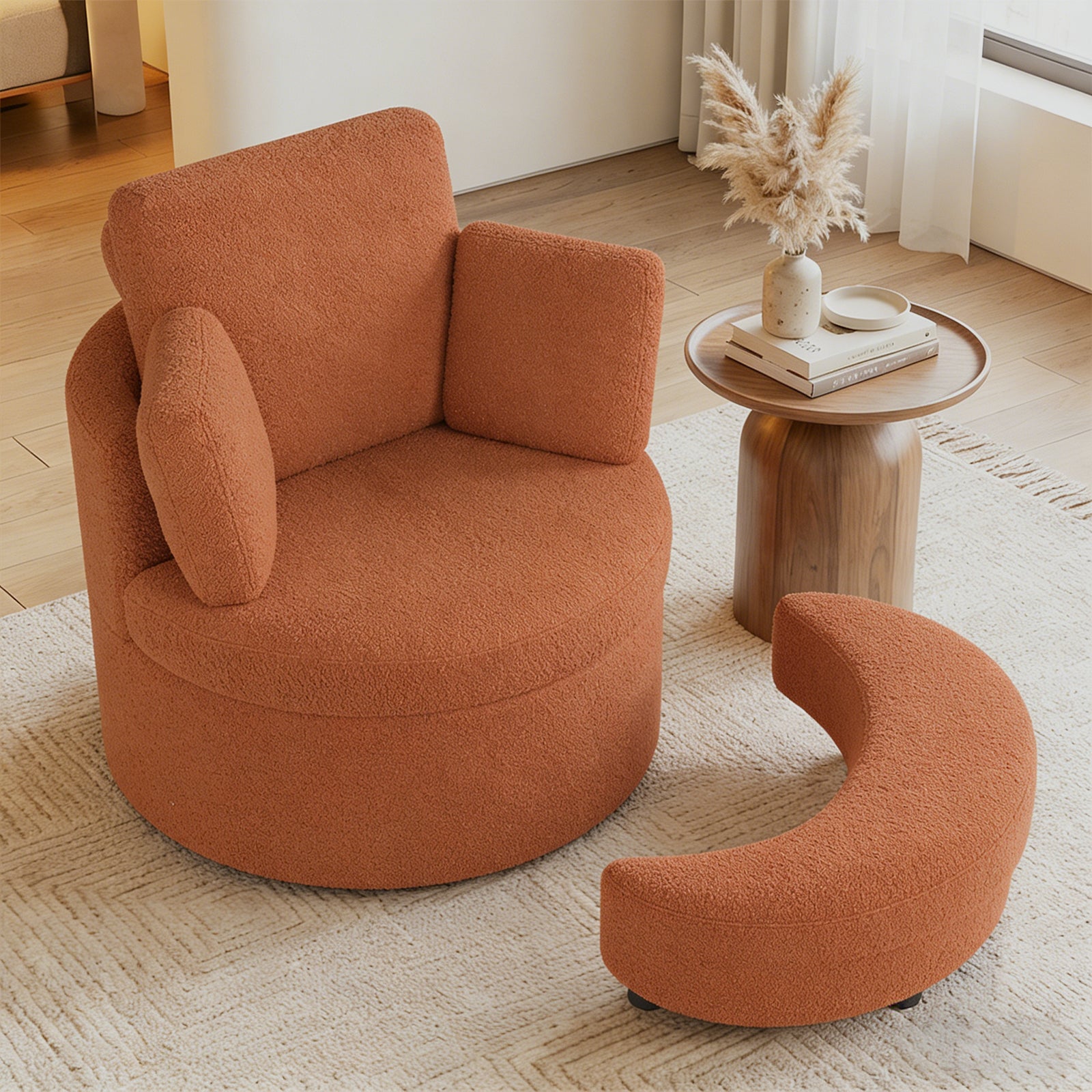 360¬∞ Swivel Accent Chair with Half Moon Storage Ottoman-Light Brown