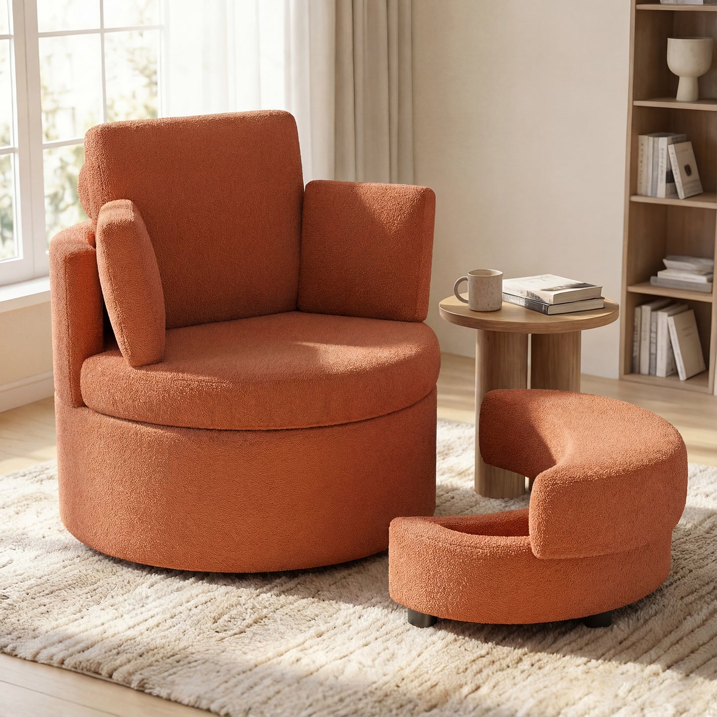 360¬∞ Swivel Accent Chair with Half Moon Storage Ottoman-Light Brown