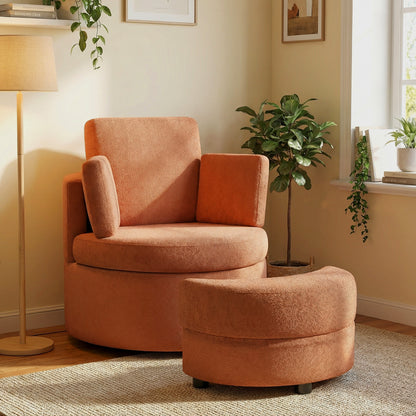 360¬∞ Swivel Accent Chair with Half Moon Storage Ottoman-Light Brown