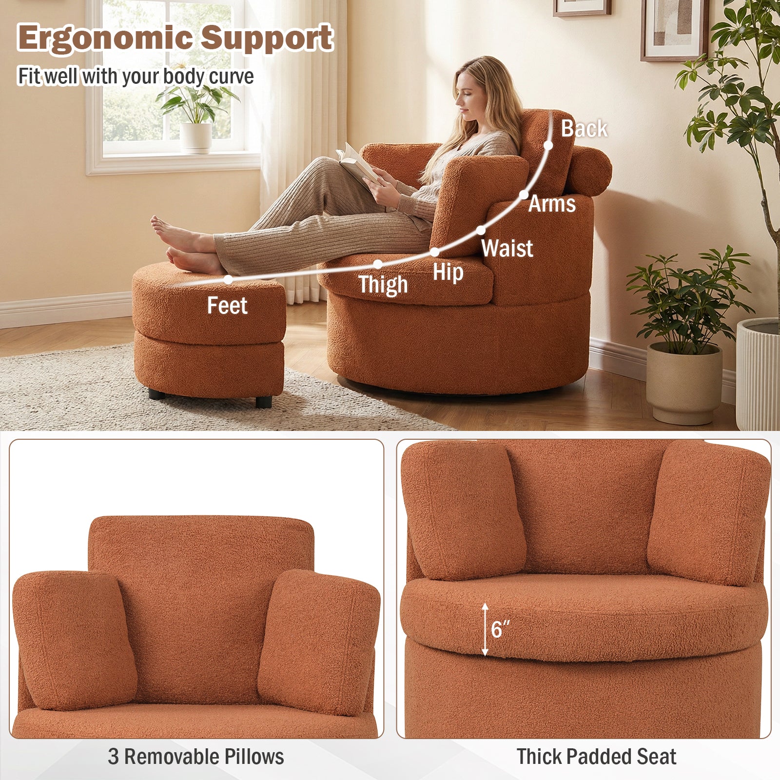 360¬∞ Swivel Accent Chair with Half Moon Storage Ottoman-Light Brown