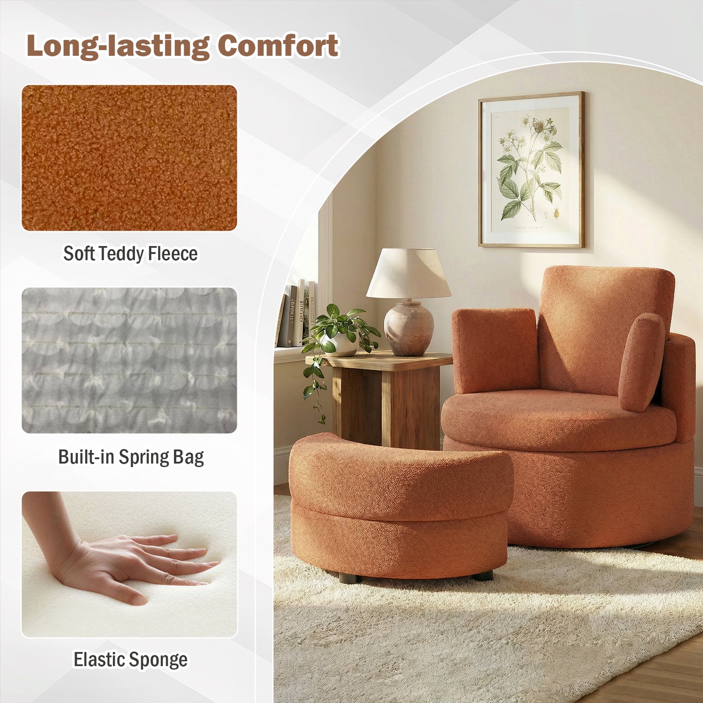 360¬∞ Swivel Accent Chair with Half Moon Storage Ottoman-Light Brown
