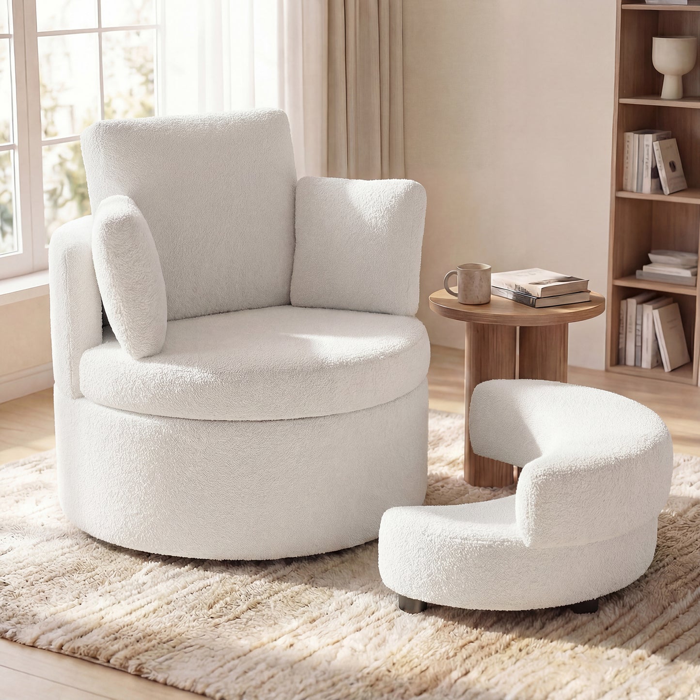 360¬∞ Swivel Accent Chair with Half Moon Storage Ottoman-White