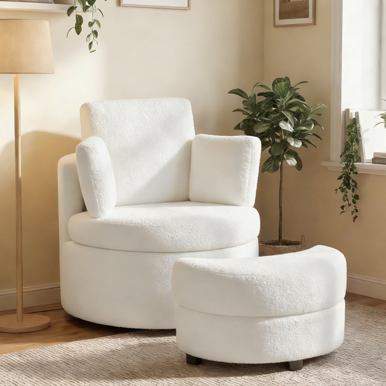 360¬∞ Swivel Accent Chair with Half Moon Storage Ottoman-White