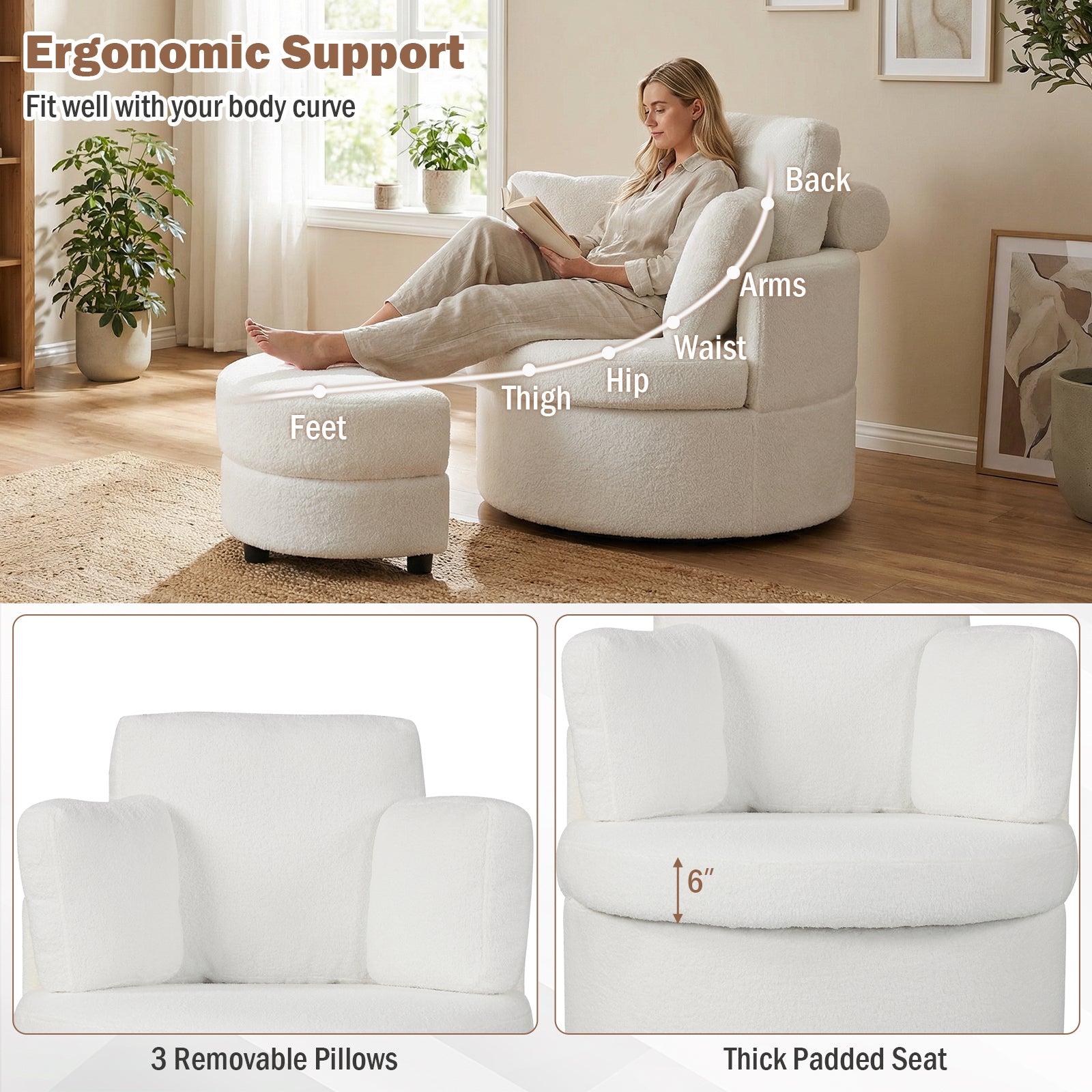 360¬∞ Swivel Accent Chair with Half Moon Storage Ottoman-White