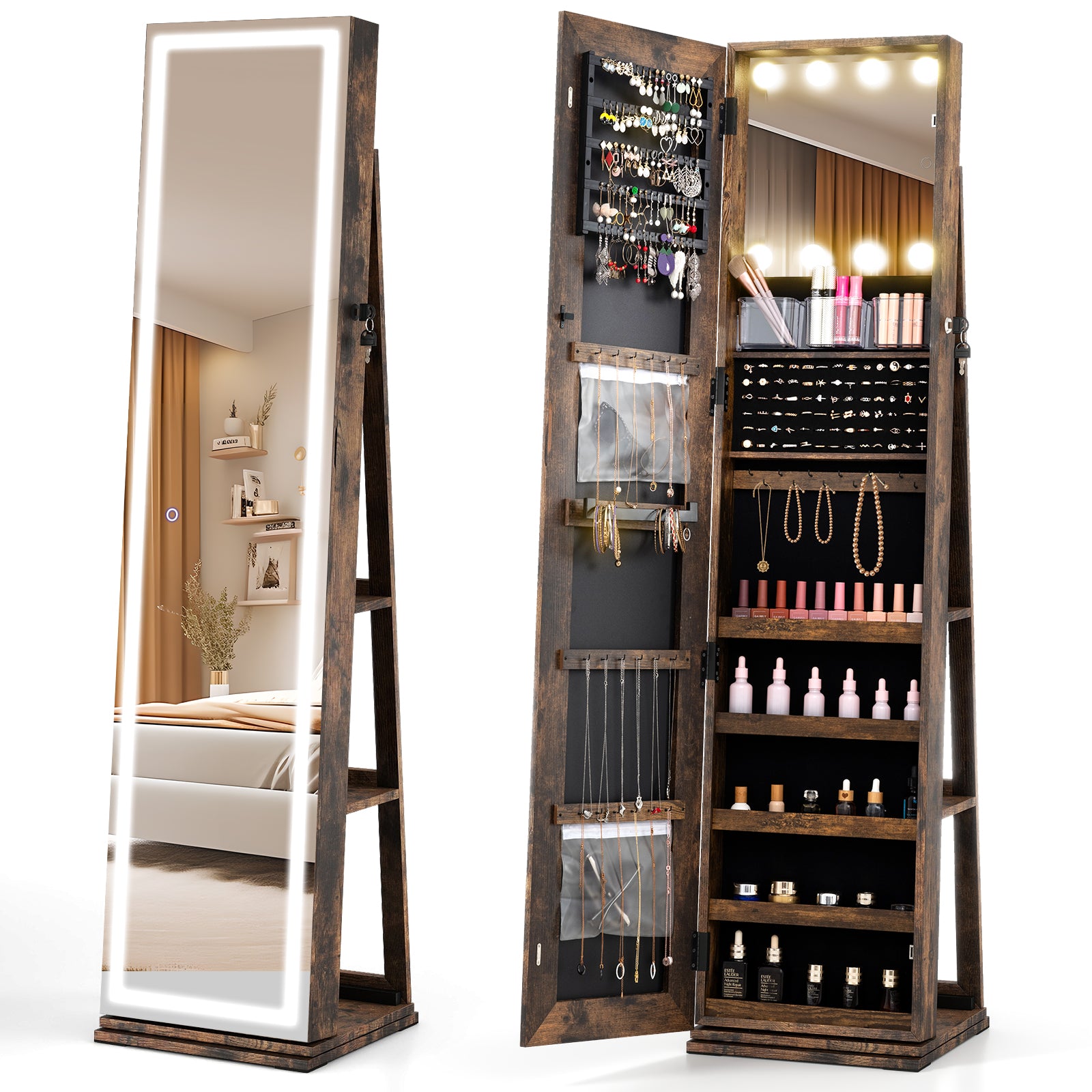 360¬∞ Swivel Freestanding Jewelry Cabinet with Lighted Full Length Mirror-Rustic Brown