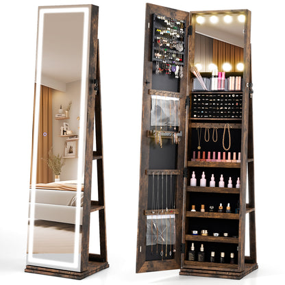 360¬∞ Swivel Freestanding Jewelry Cabinet with Lighted Full Length Mirror-Rustic Brown