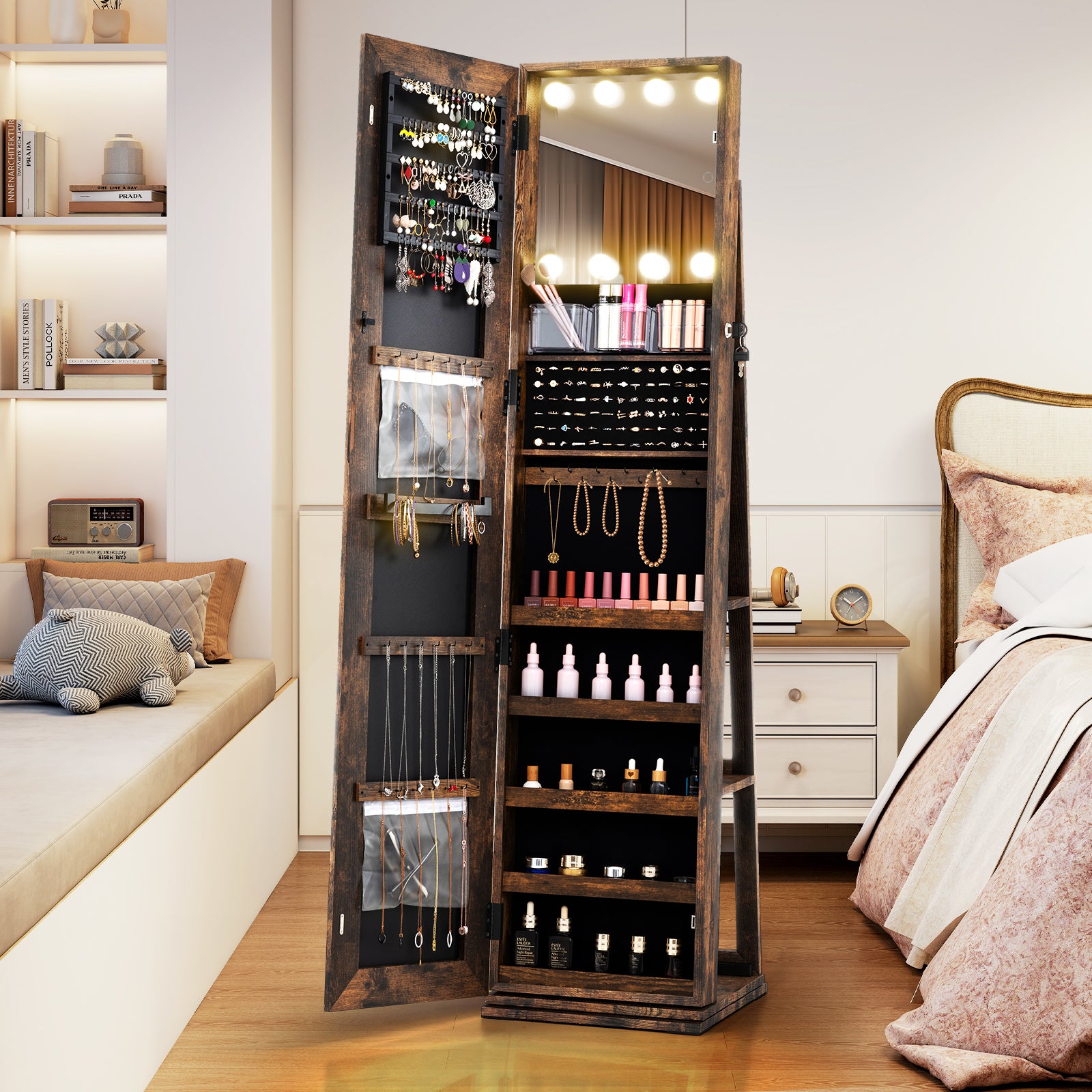 360¬∞ Swivel Freestanding Jewelry Cabinet with Lighted Full Length Mirror-Rustic Brown