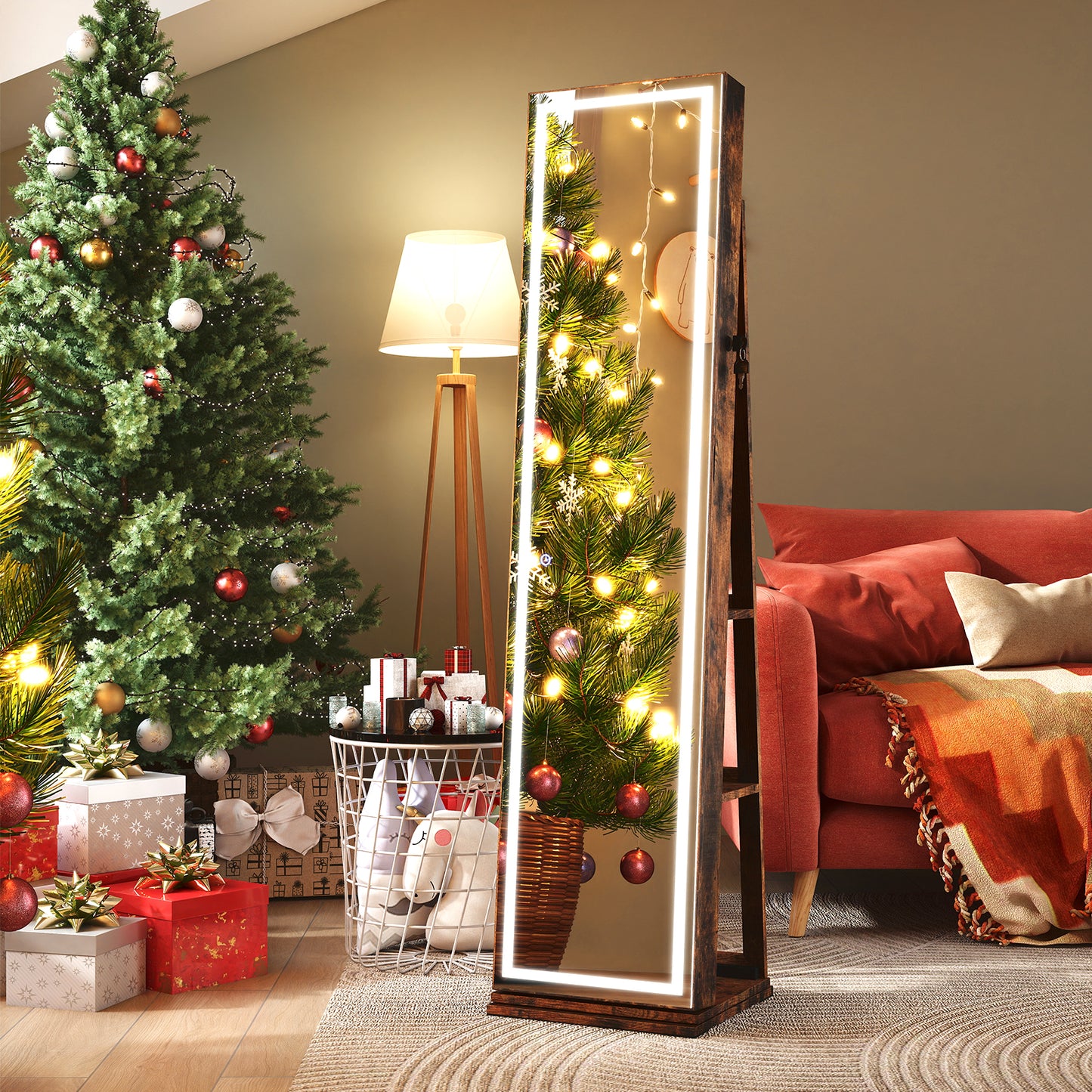 360¬∞ Swivel Freestanding Jewelry Cabinet with Lighted Full Length Mirror-Rustic Brown