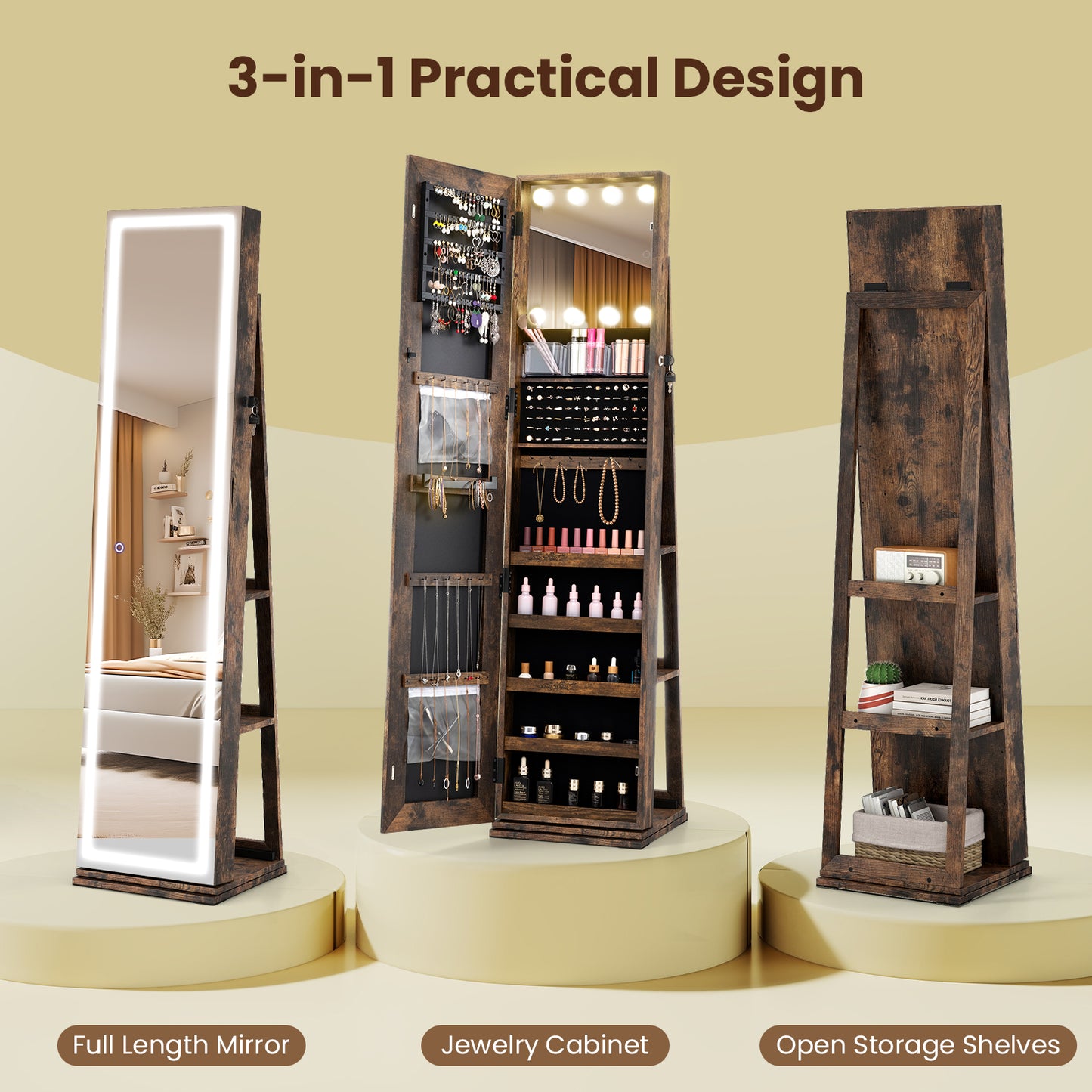 360¬∞ Swivel Freestanding Jewelry Cabinet with Lighted Full Length Mirror-Rustic Brown