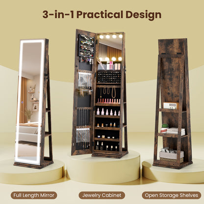 360¬∞ Swivel Freestanding Jewelry Cabinet with Lighted Full Length Mirror-Rustic Brown