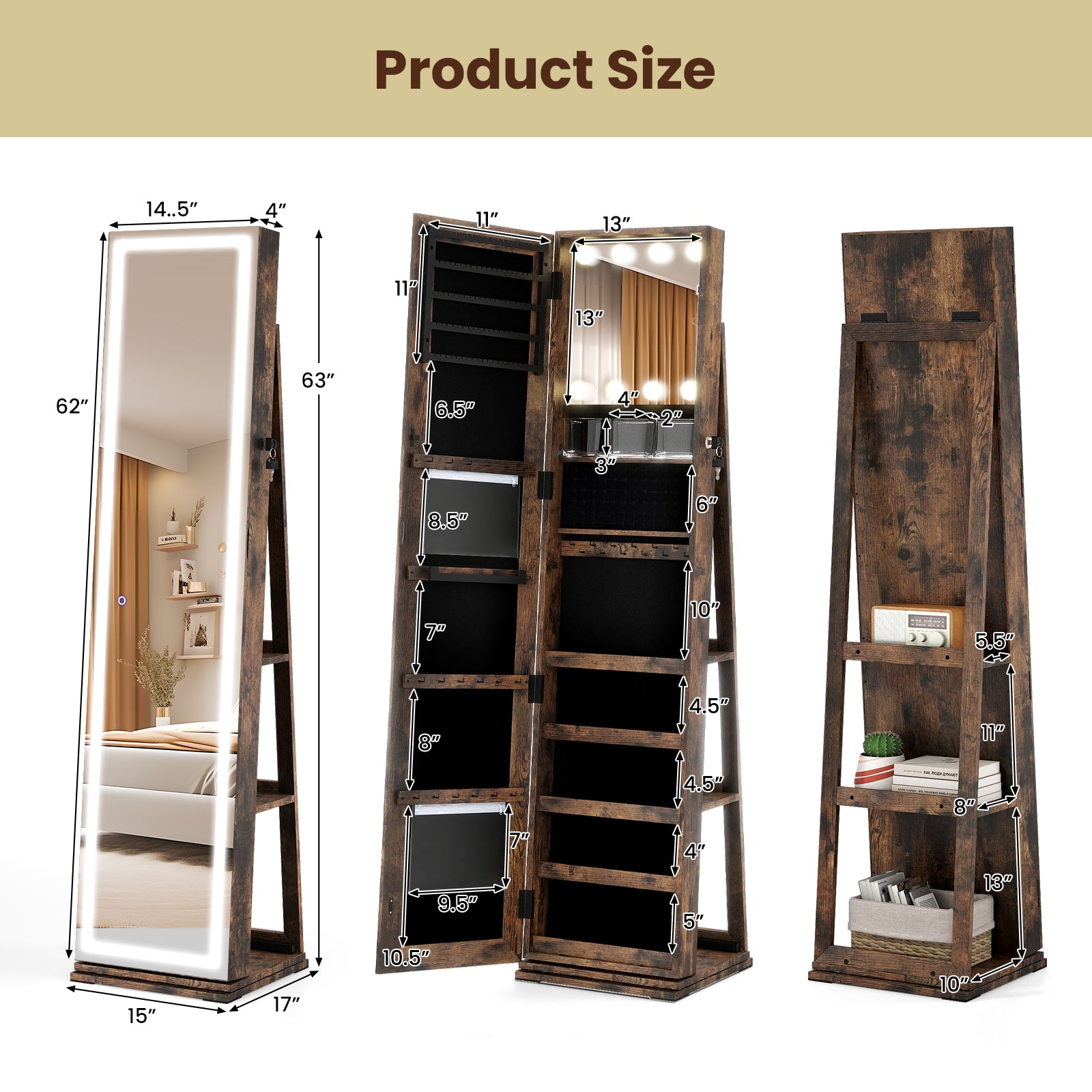 360¬∞ Swivel Freestanding Jewelry Cabinet with Lighted Full Length Mirror-Rustic Brown