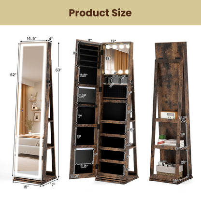 360¬∞ Swivel Freestanding Jewelry Cabinet with Lighted Full Length Mirror-Rustic Brown