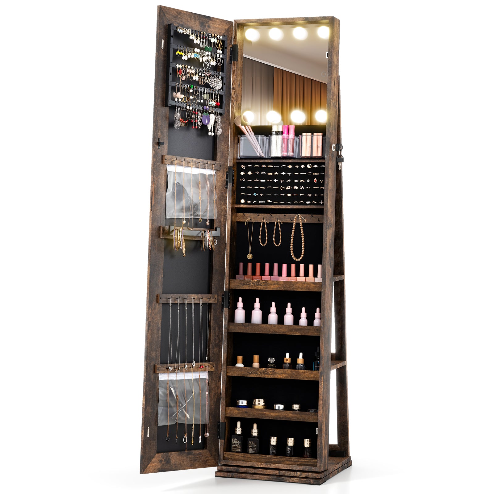 360¬∞ Swivel Freestanding Jewelry Cabinet with Lighted Full Length Mirror-Rustic Brown