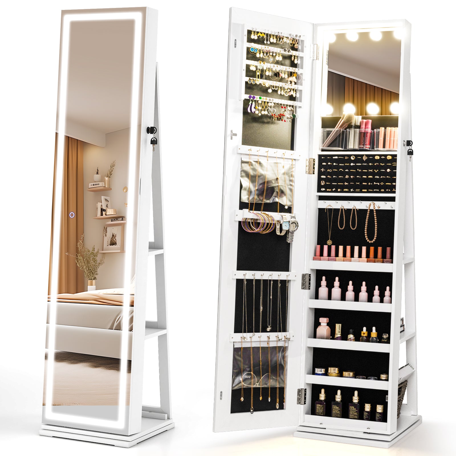 360¬∞ Swivel Freestanding Jewelry Cabinet with Lighted Full Length Mirror-White