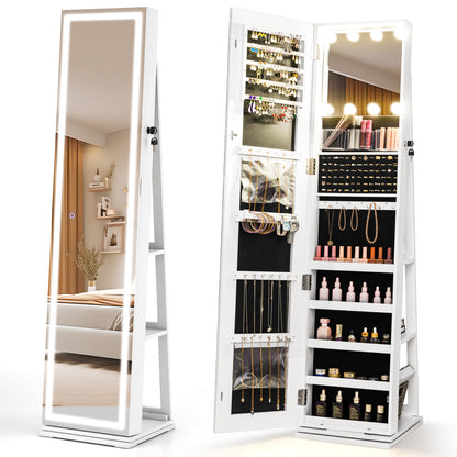 360¬∞ Swivel Freestanding Jewelry Cabinet with Lighted Full Length Mirror-White