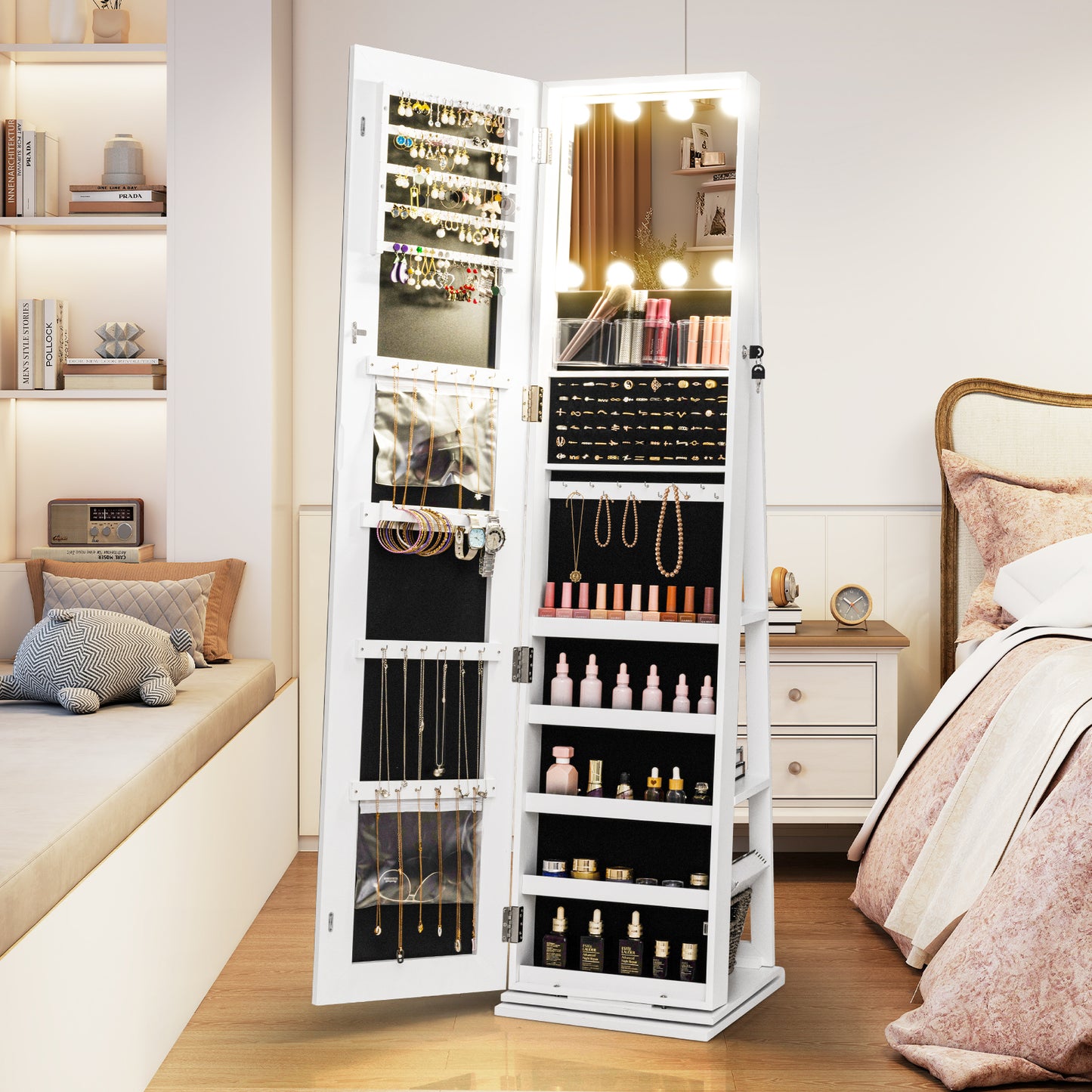 360¬∞ Swivel Freestanding Jewelry Cabinet with Lighted Full Length Mirror-White