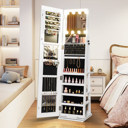 360¬∞ Swivel Freestanding Jewelry Cabinet with Lighted Full Length Mirror-White