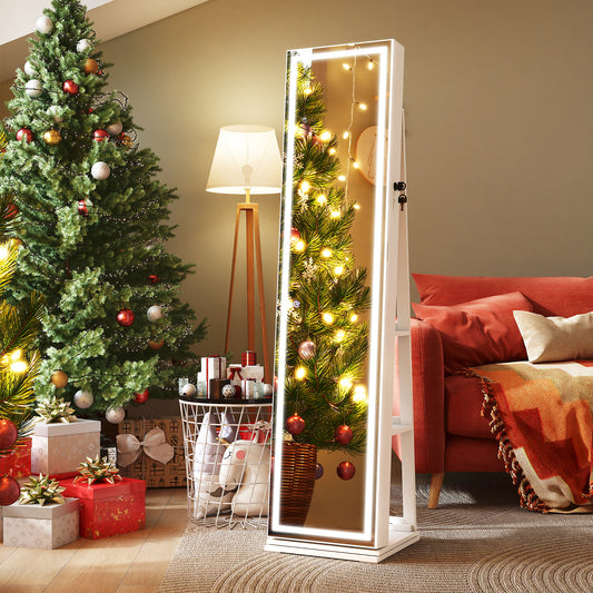 360¬∞ Swivel Freestanding Jewelry Cabinet with Lighted Full Length Mirror-White