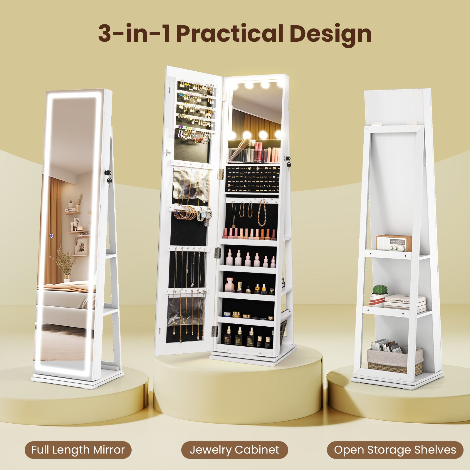360¬∞ Swivel Freestanding Jewelry Cabinet with Lighted Full Length Mirror-White