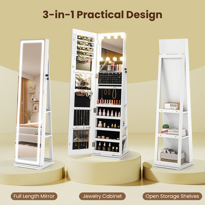 360¬∞ Swivel Freestanding Jewelry Cabinet with Lighted Full Length Mirror-White