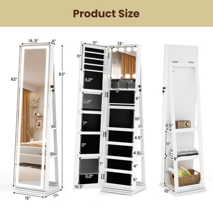 360¬∞ Swivel Freestanding Jewelry Cabinet with Lighted Full Length Mirror-White