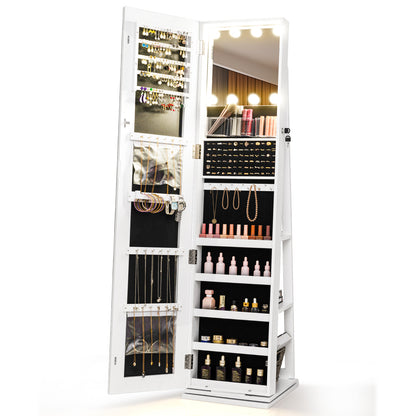 360¬∞ Swivel Freestanding Jewelry Cabinet with Lighted Full Length Mirror-White