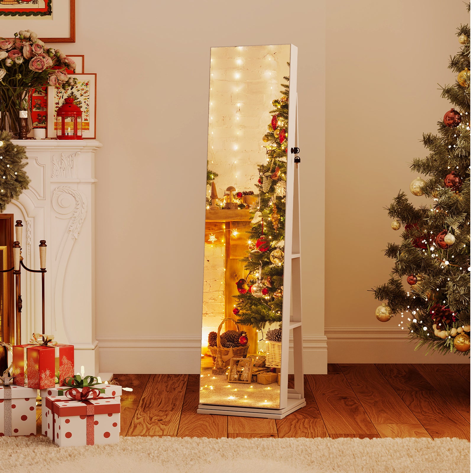 360¬∞ Swivel Jewelry Cabinet with Full Length Mirror-White