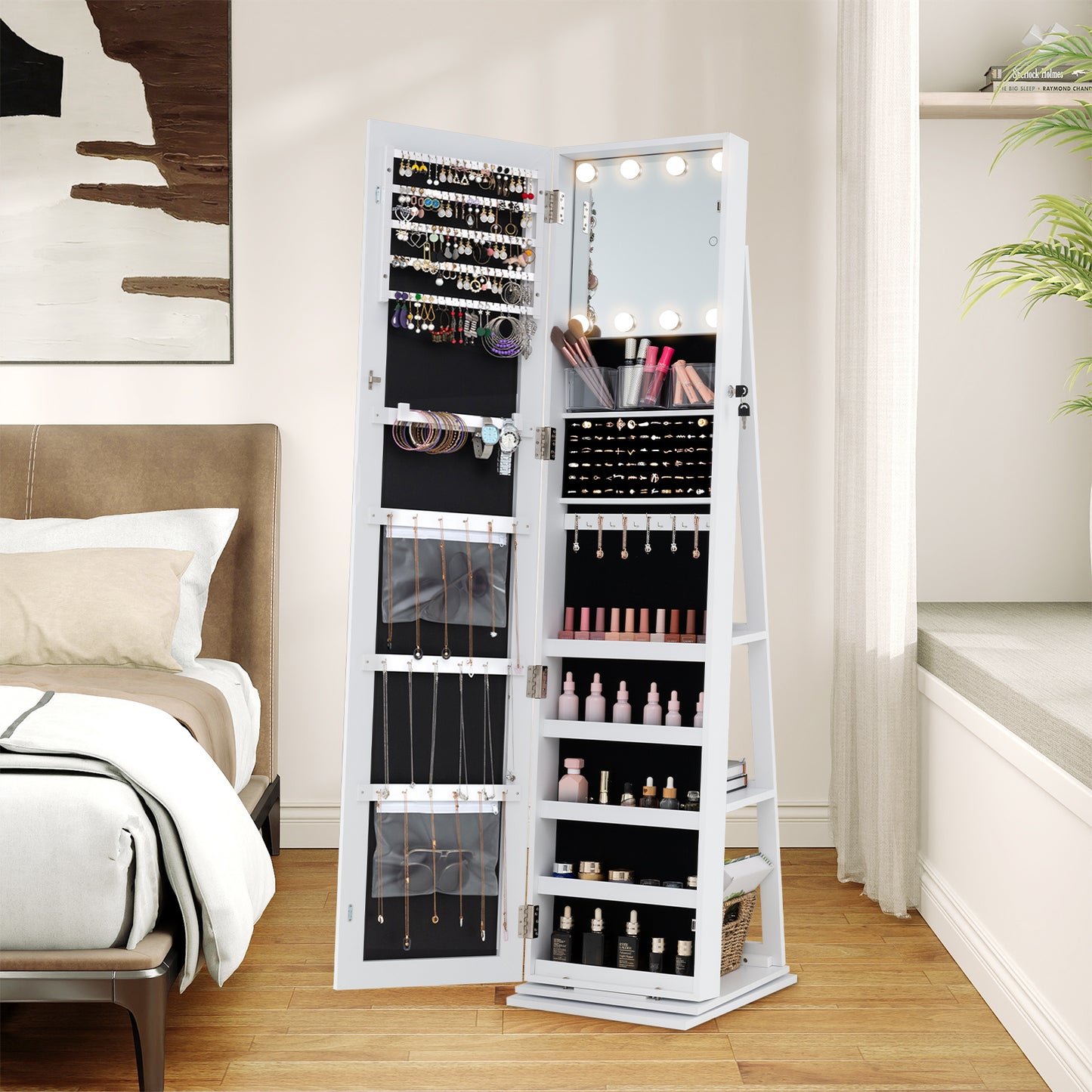 360¬∞ Swivel Jewelry Cabinet with Full Length Mirror-White