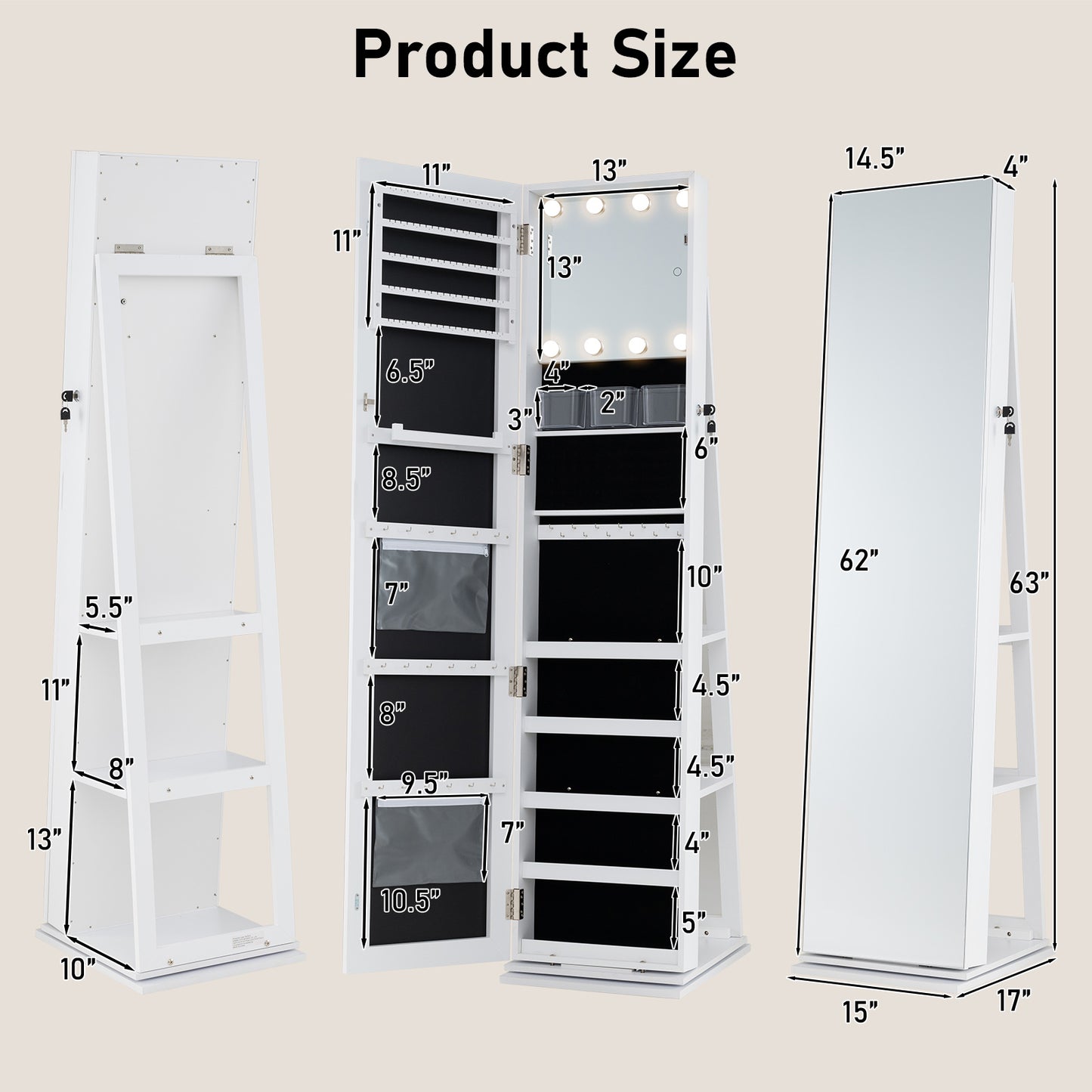 360¬∞ Swivel Jewelry Cabinet with Full Length Mirror-White