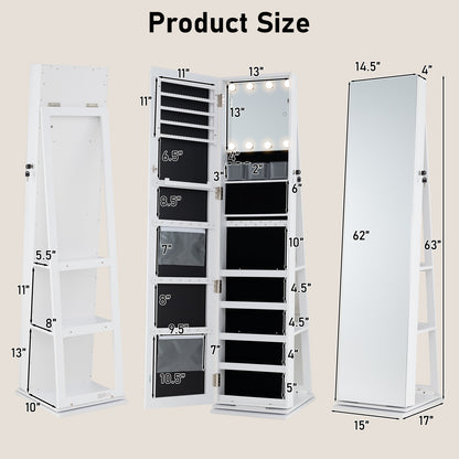 360¬∞ Swivel Jewelry Cabinet with Full Length Mirror-White