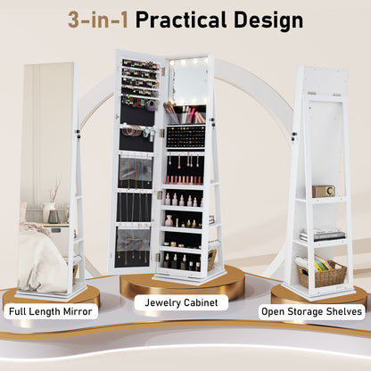 360¬∞ Swivel Jewelry Cabinet with Full Length Mirror-White
