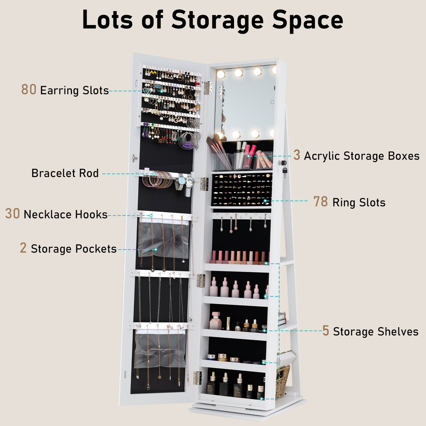 360¬∞ Swivel Jewelry Cabinet with Full Length Mirror-White