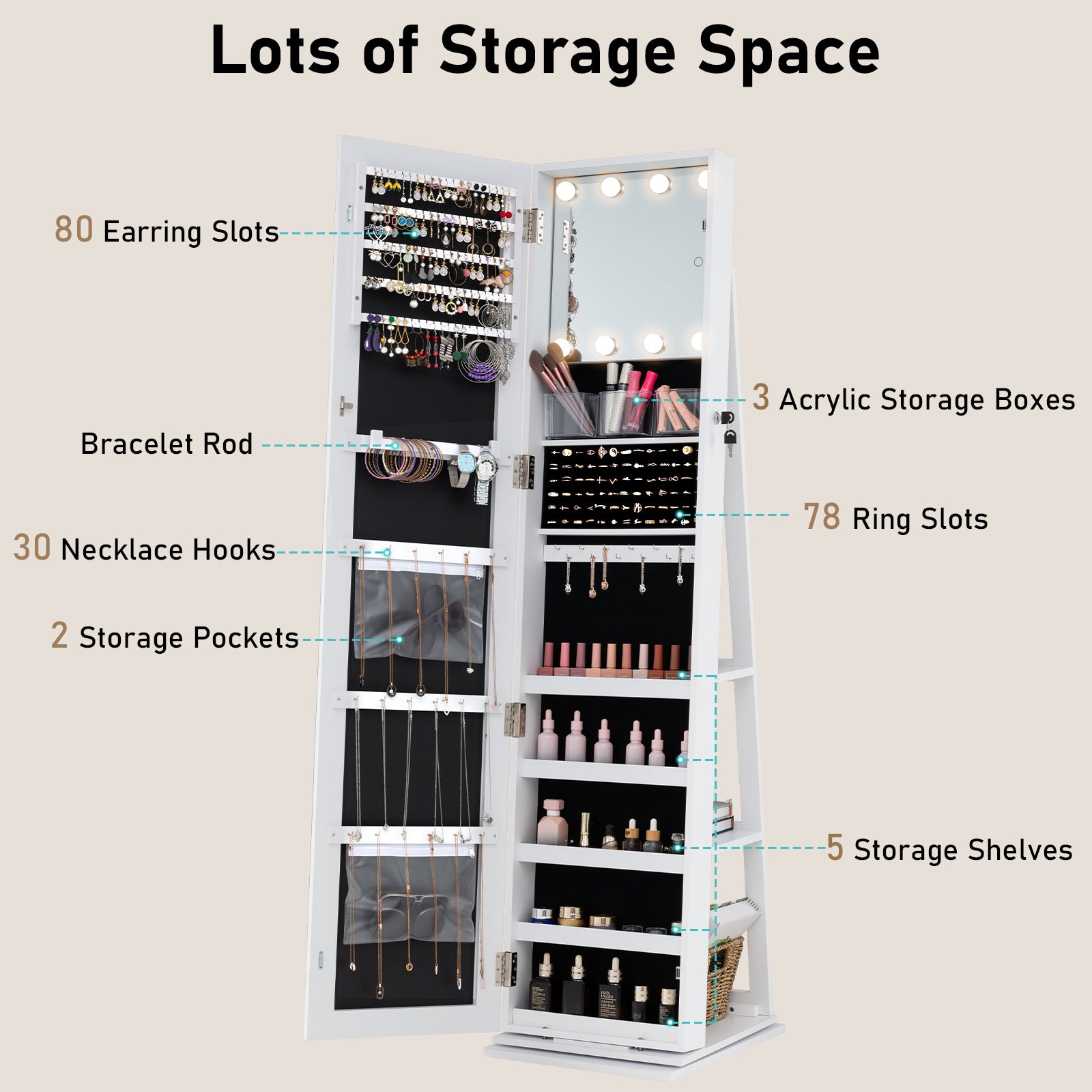 360¬∞ Swivel Jewelry Cabinet with Full Length Mirror-White