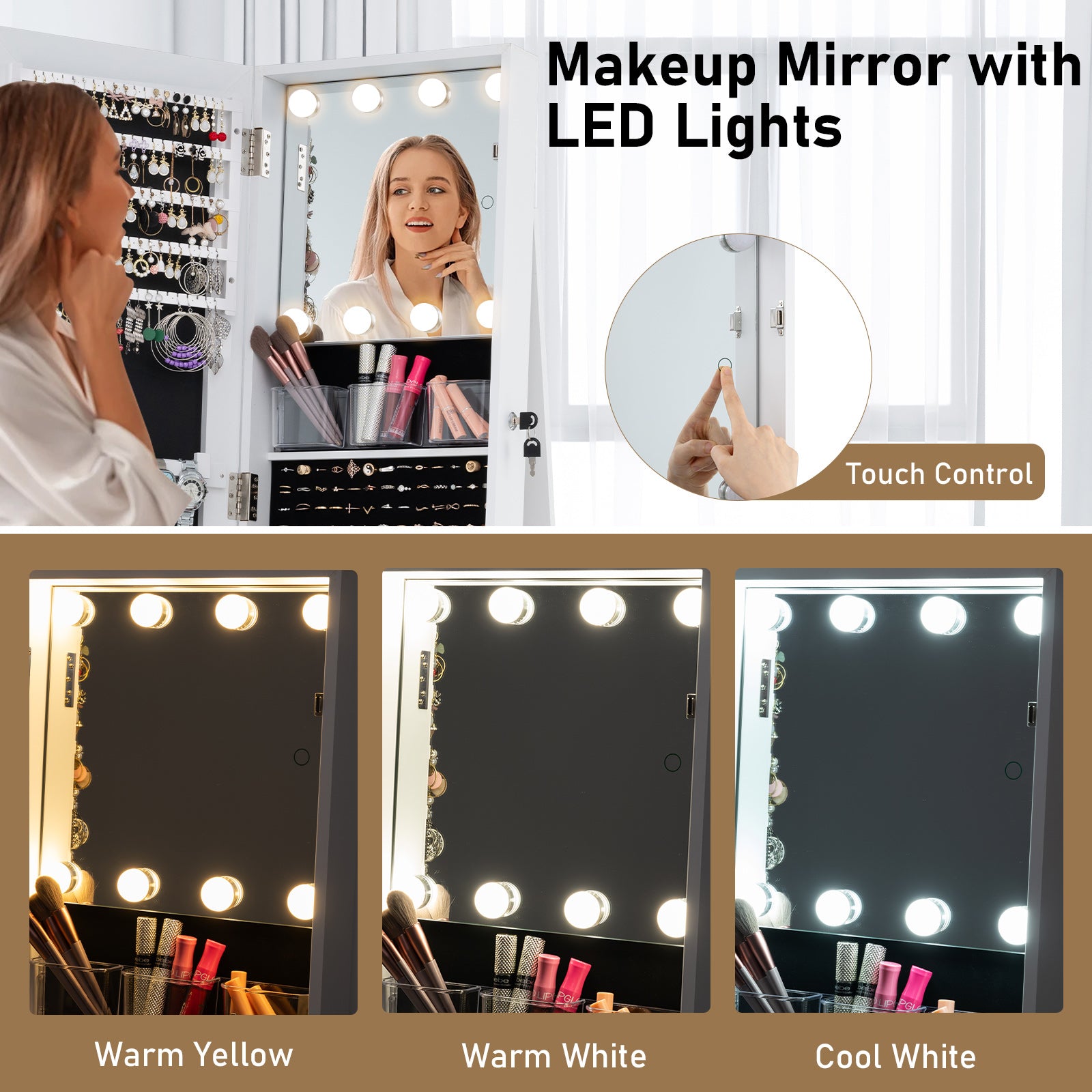 360¬∞ Swivel Jewelry Cabinet with Full Length Mirror-White