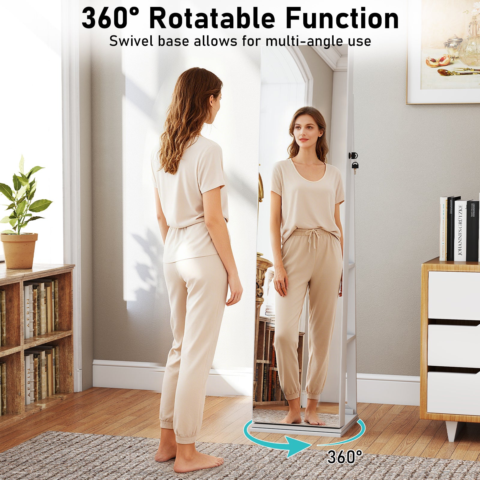 360¬∞ Swivel Jewelry Cabinet with Full Length Mirror-White