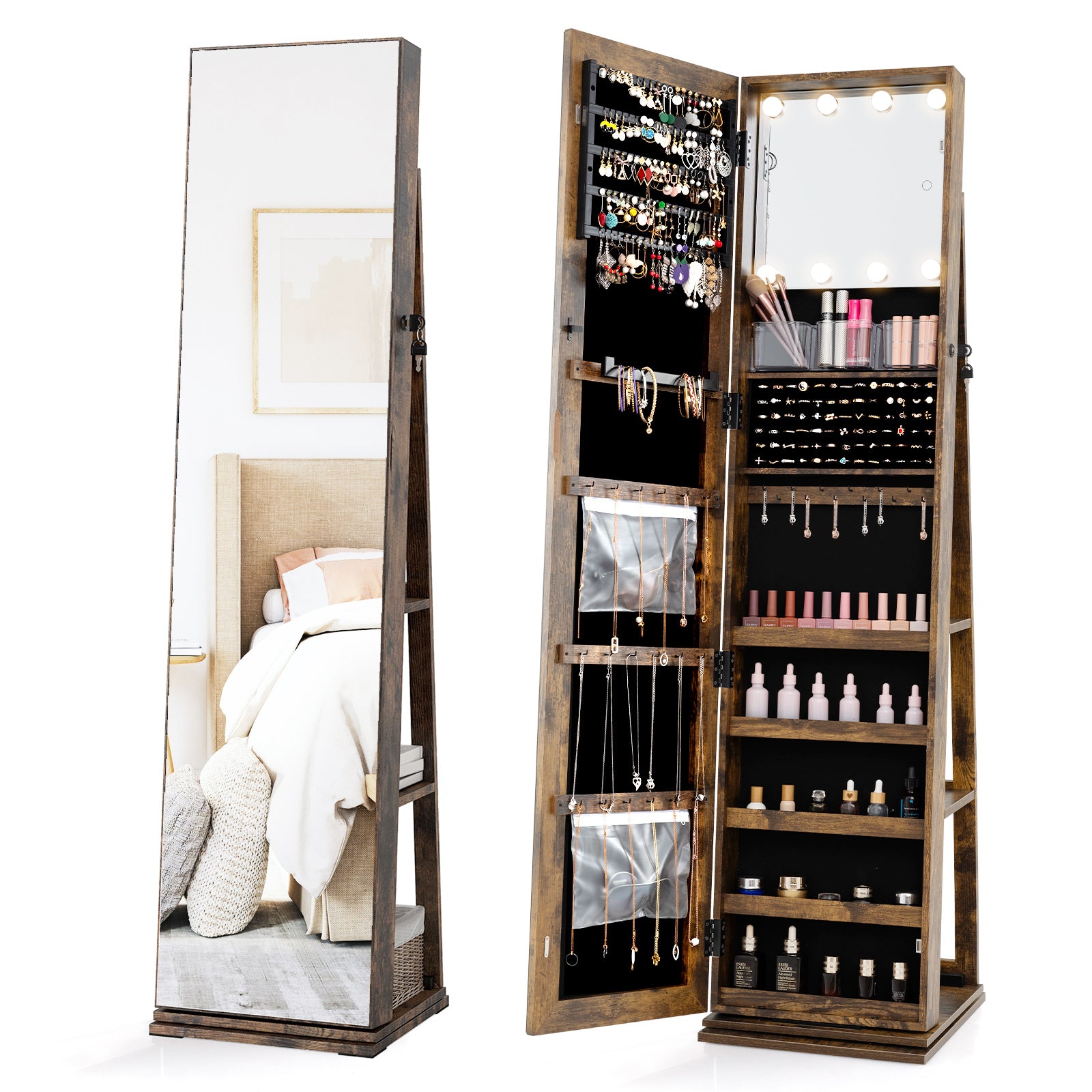 360¬∞ Swivel Jewelry Cabinet with Full Length Mirror-Rustic Brown
