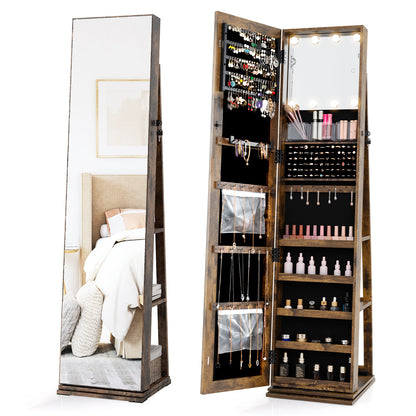 360¬∞ Swivel Jewelry Cabinet with Full Length Mirror-Rustic Brown