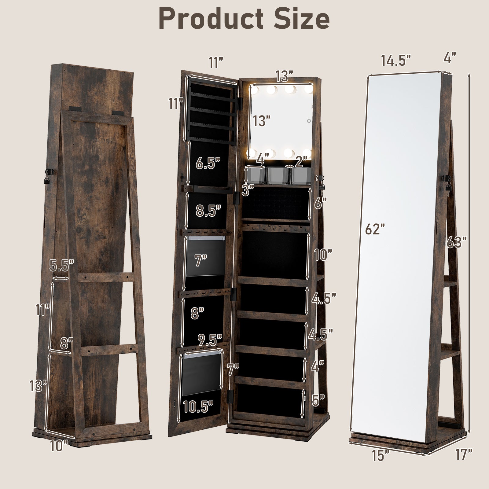 360¬∞ Swivel Jewelry Cabinet with Full Length Mirror-Rustic Brown