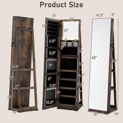 360¬∞ Swivel Jewelry Cabinet with Full Length Mirror-Rustic Brown