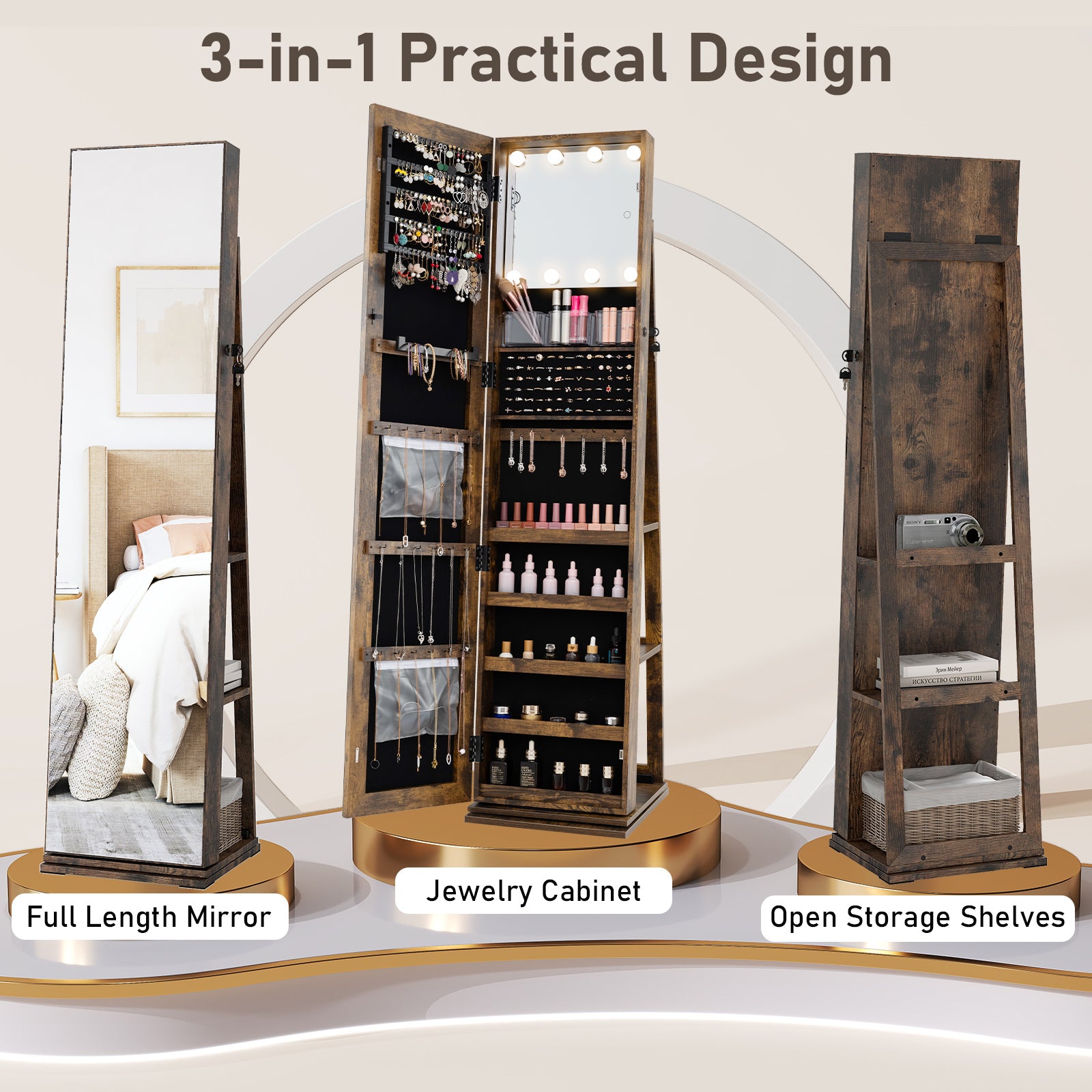 360¬∞ Swivel Jewelry Cabinet with Full Length Mirror-Rustic Brown