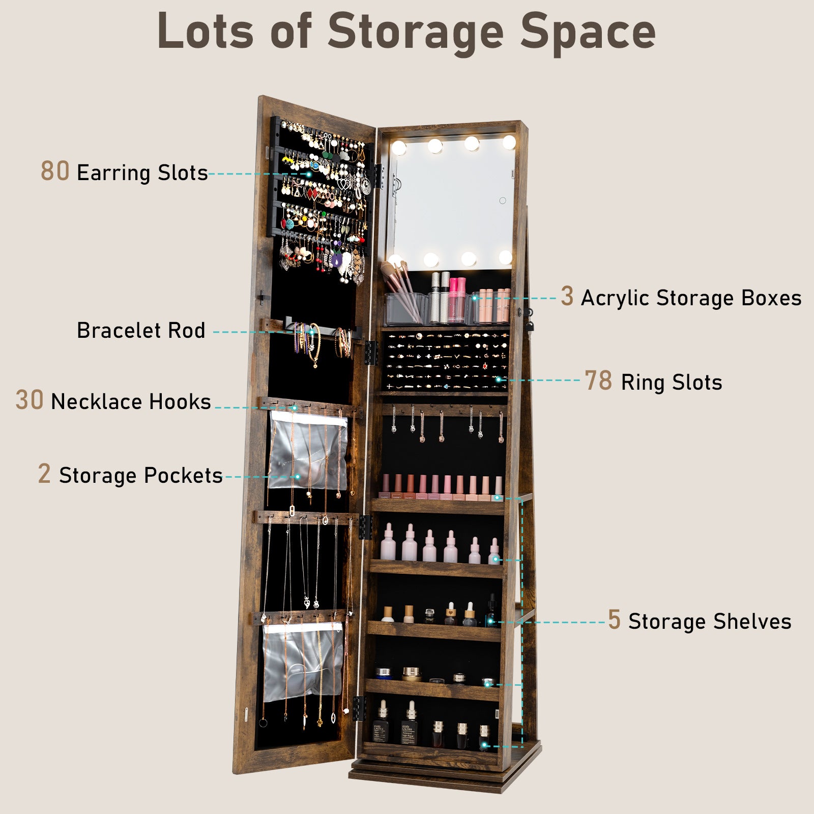360¬∞ Swivel Jewelry Cabinet with Full Length Mirror-Rustic Brown
