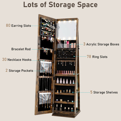 360¬∞ Swivel Jewelry Cabinet with Full Length Mirror-Rustic Brown