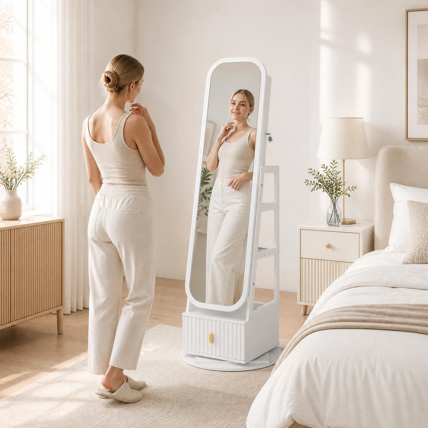 Jewelry Armoire with Full-Length Mirror and 360° Swivel Base