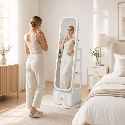 Jewelry Armoire with Full-Length Mirror and 360° Swivel Base