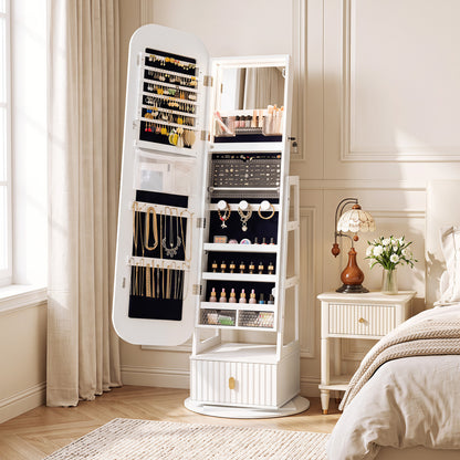 Jewelry Armoire with Full-Length Mirror and 360° Swivel Base
