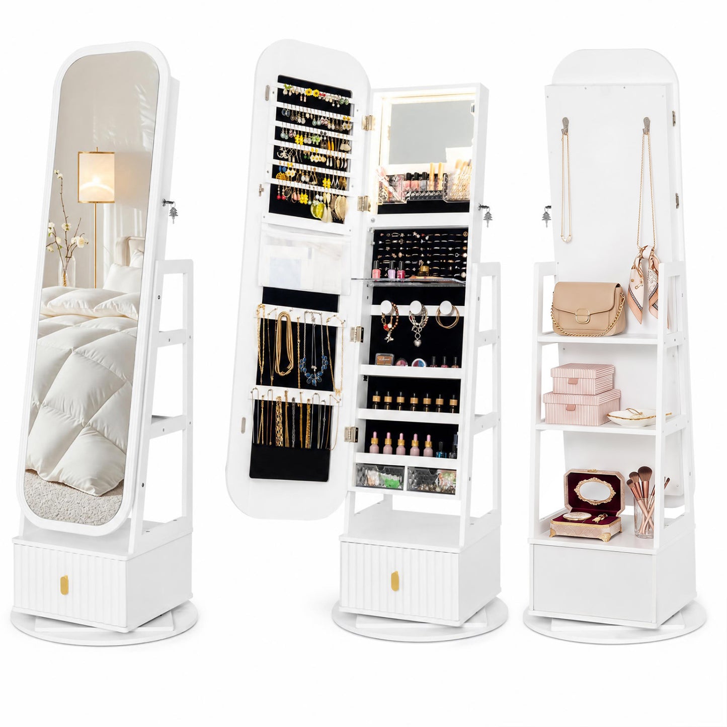 Jewelry Armoire with Full-Length Mirror and 360° Swivel Base