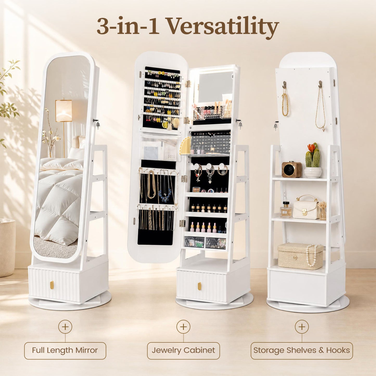 Jewelry Armoire with Full-Length Mirror and 360° Swivel Base