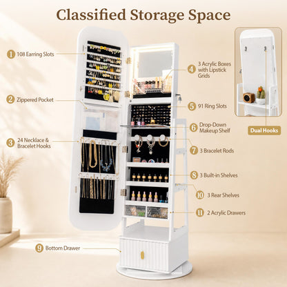 Jewelry Armoire with Full-Length Mirror and 360° Swivel Base